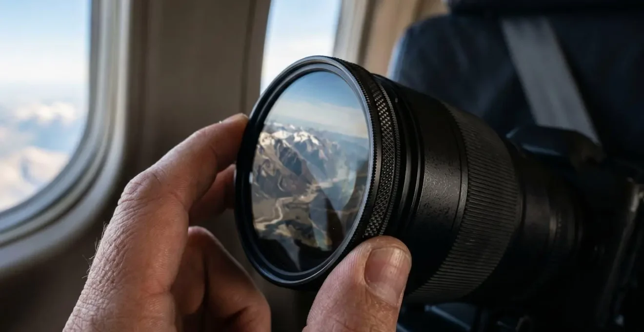 Photographe utilisant un filtre polarisant lors d'un survol en ULM