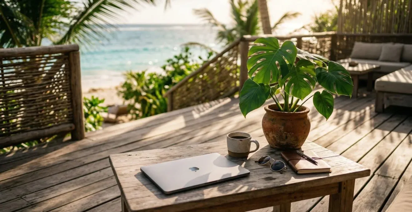 Espace de télétravail sur terrasse tropicale avec vue sur l'océan Indien