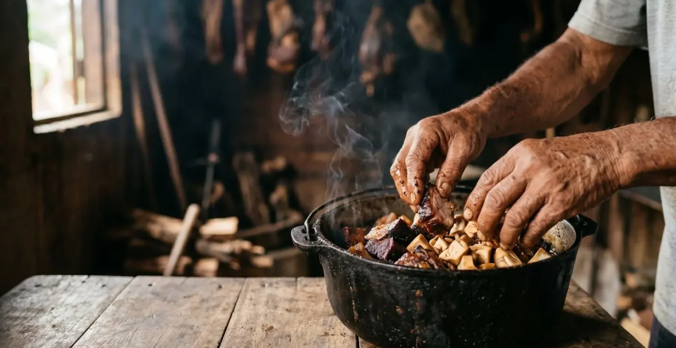 Morceaux de ti'jacque et viande boucanée avec fumée visible dans ambiance traditionnelle