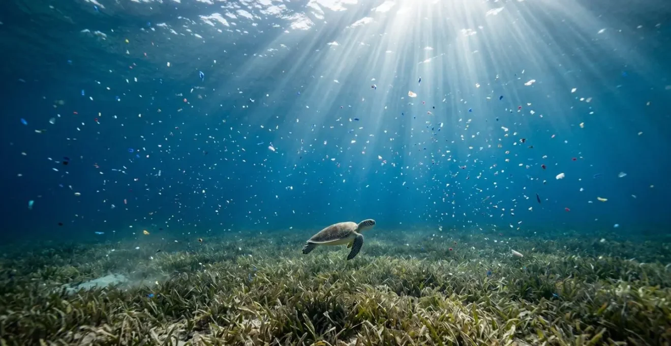 Vue sous-marine montrant une tortue verte nageant au-dessus d'un herbier marin parsemé de fragments de plastique
