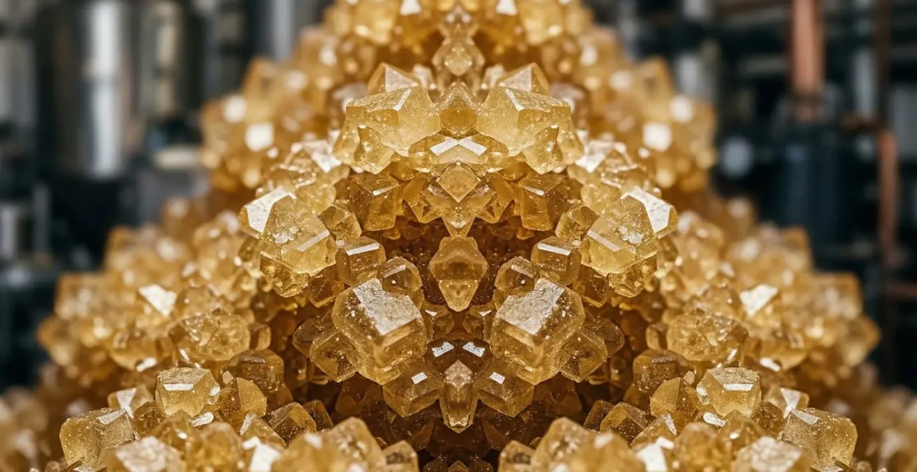 Gros plan sur les cristaux de sucre dorés avec texture brillante et détails microscopiques