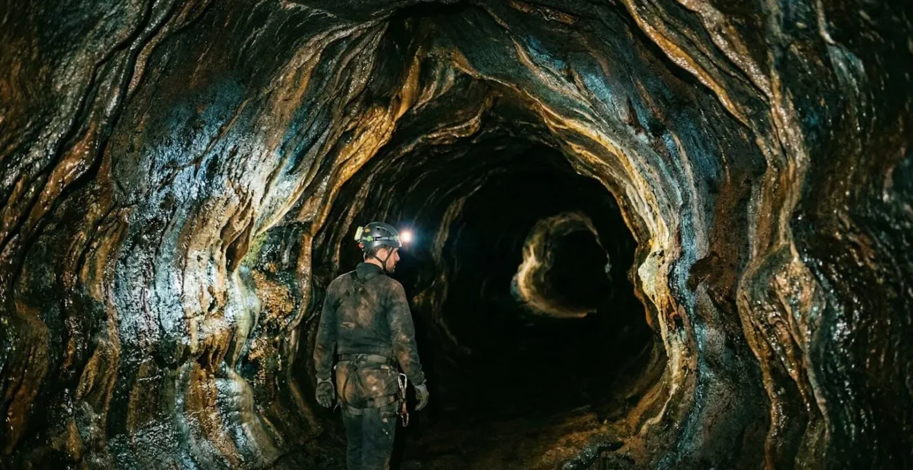 Vue de l'intérieur d'un tunnel de lave montrant les parois vitrifiées et les formations géologiques