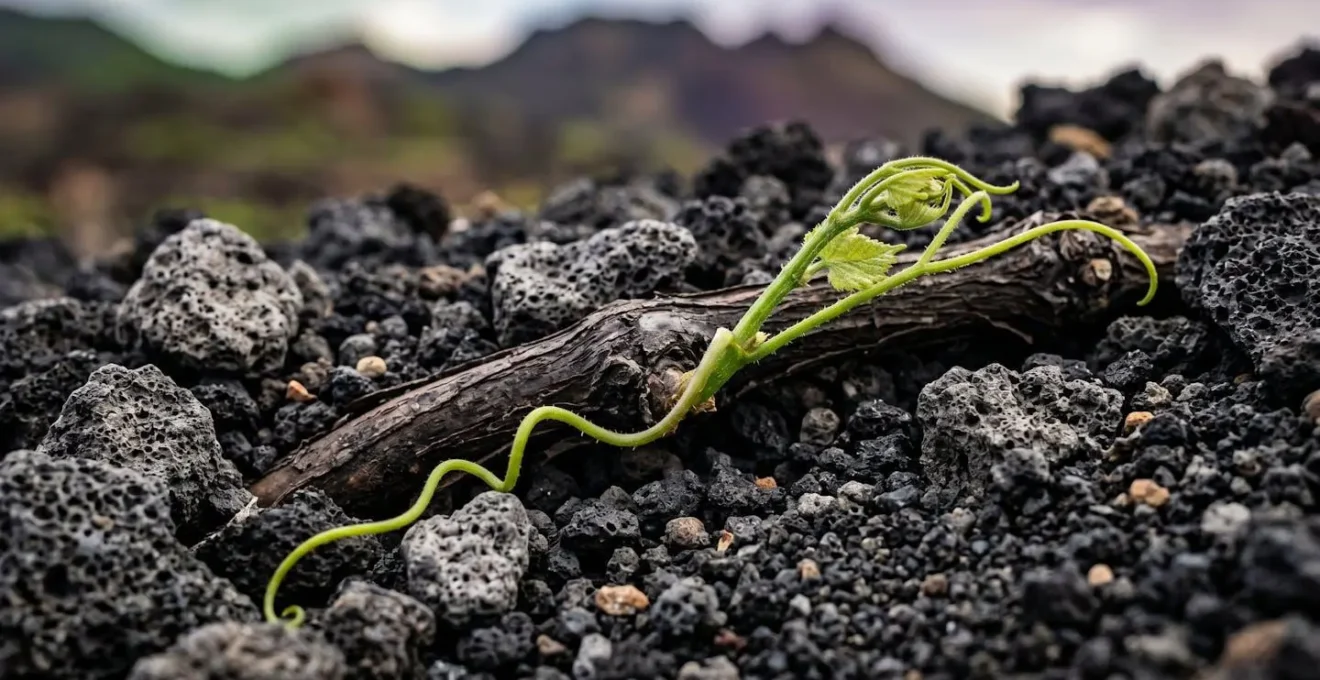 Vignes poussant sur sol volcanique avec vue sur les remparts de Cilaos