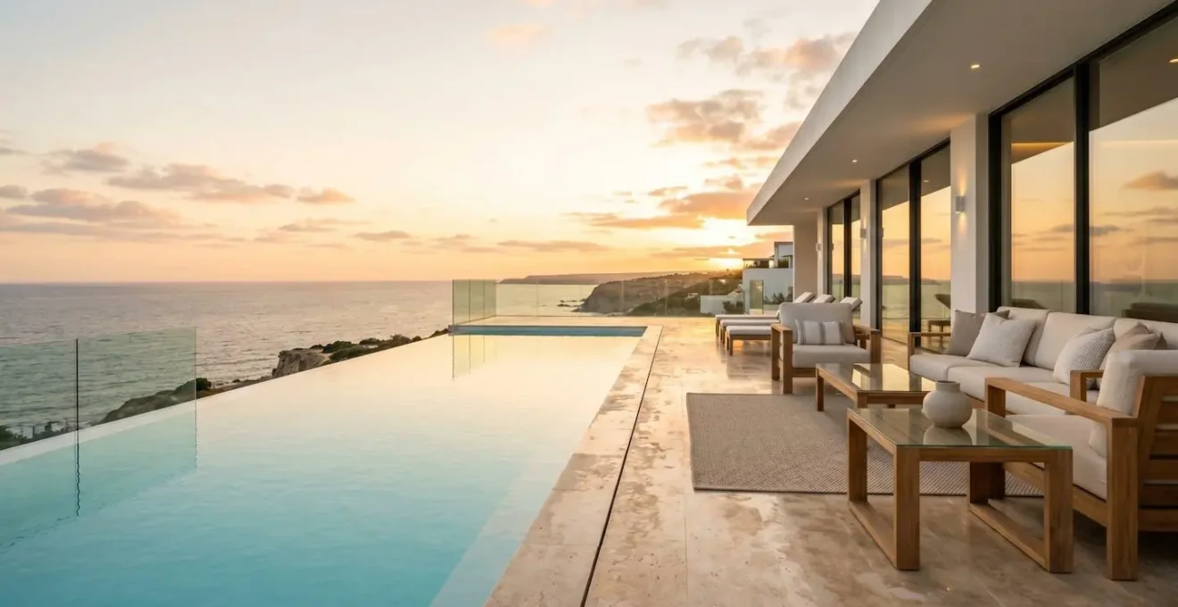 Terrasse de villa impeccable avec piscine cristalline et espaces de détente parfaitement entretenus