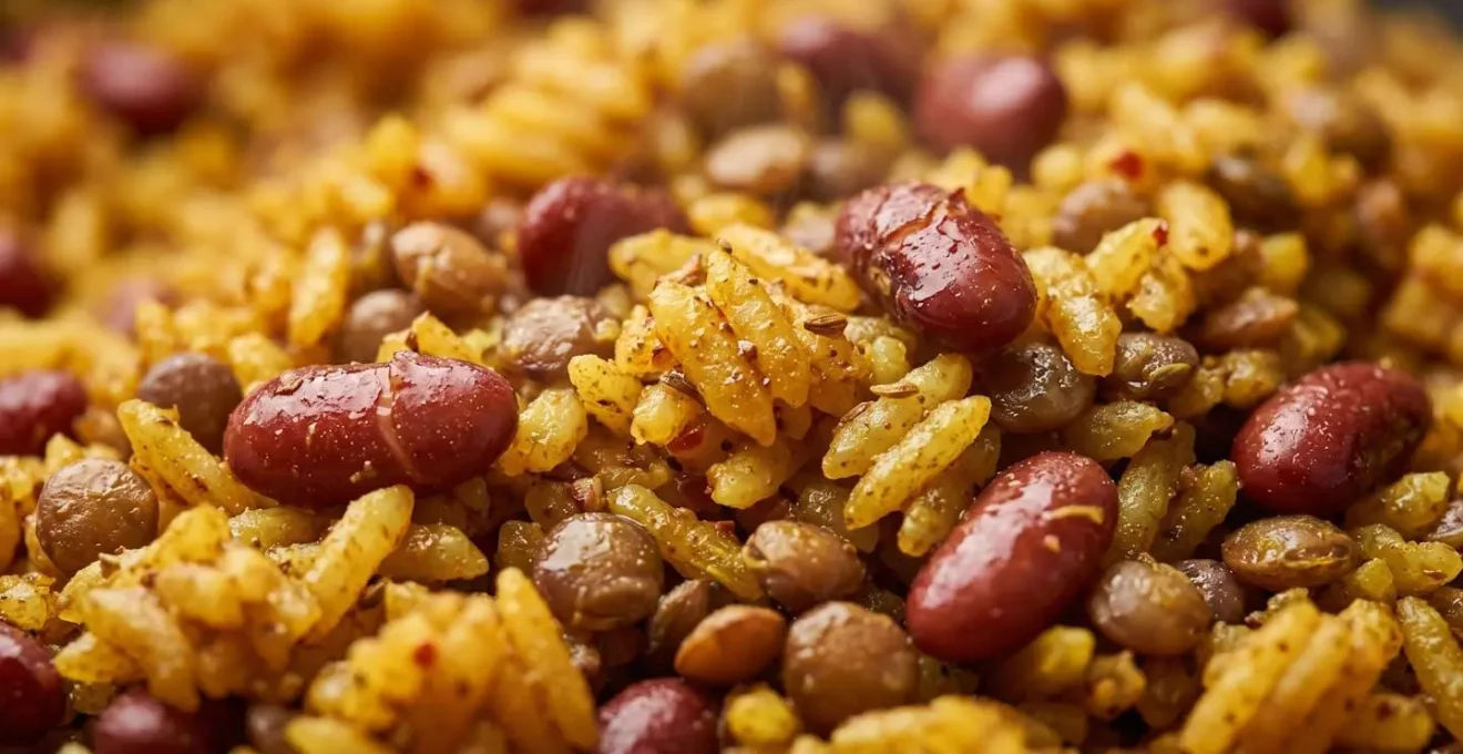 Bol de zembrocal doré au curcuma avec haricots rouges et grains mélangés