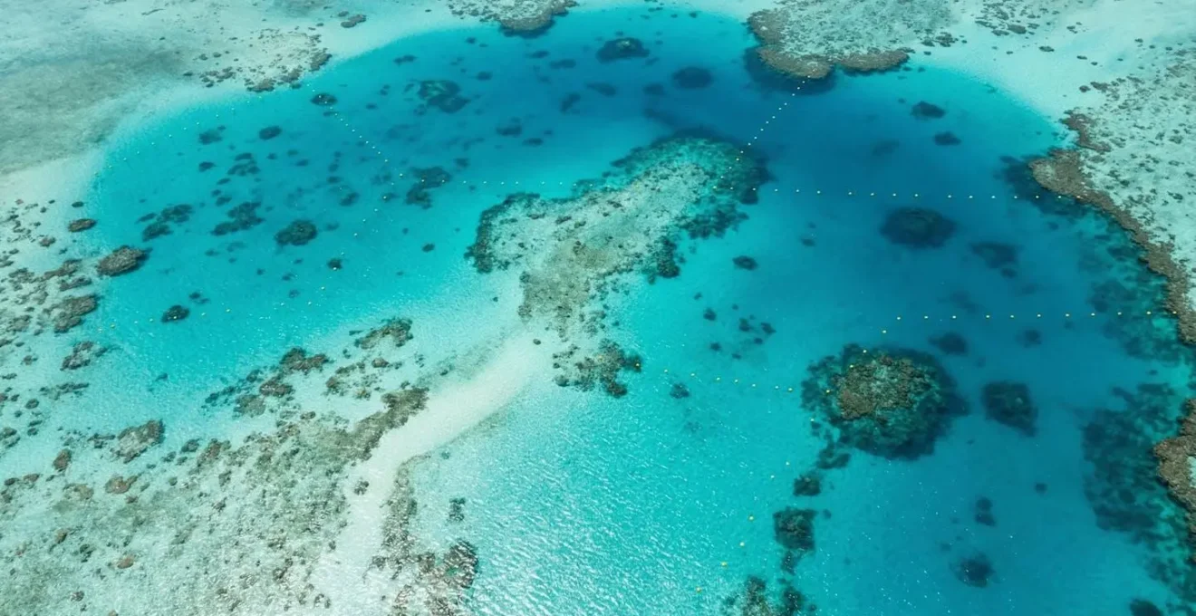 Vue aérienne du zonage de protection marine du lagon de l'Ermitage avec bouées de délimitation