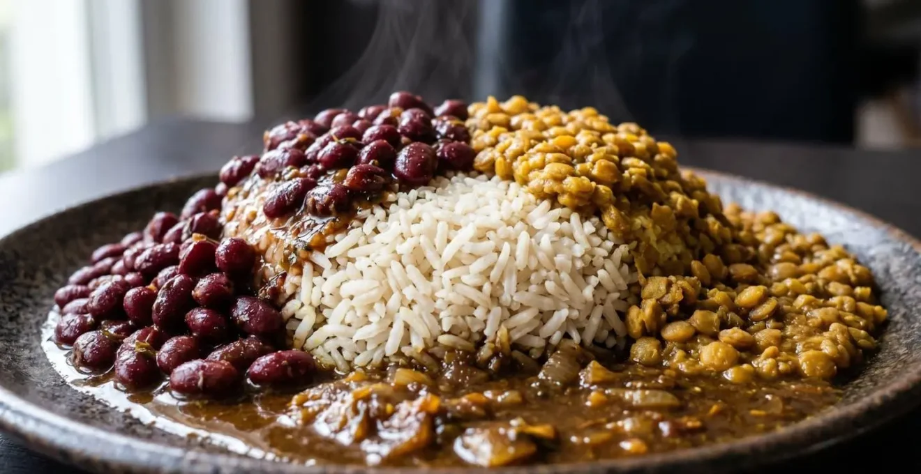 Assiette créole avec disposition traditionnelle en piton du riz, grains et cari