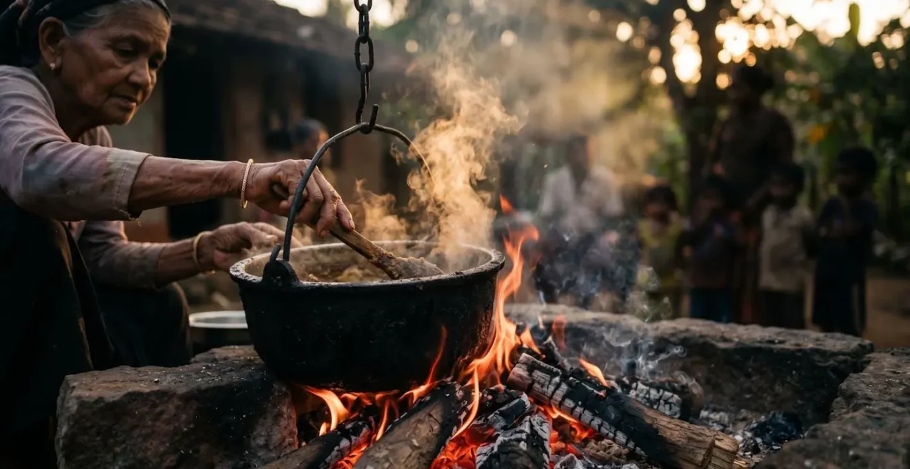 Marmite en fonte sur feu de bois préparant un cari traditionnel