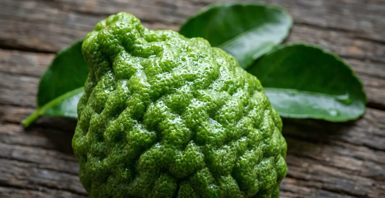 Combava frais avec ses feuilles caractéristiques en gros plan