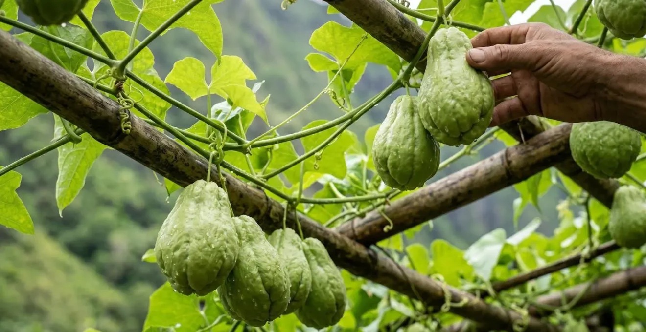 Treilles de chouchous sur les pentes verdoyantes de Salazie avec des fruits pendant et un agriculteur récoltant
