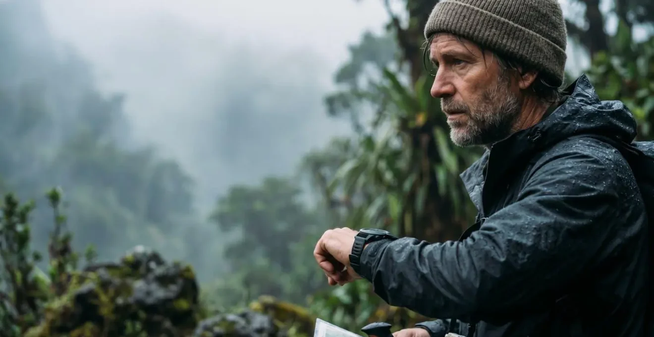 Randonneur consultant son GPS dans un environnement brumeux de montagne tropicale