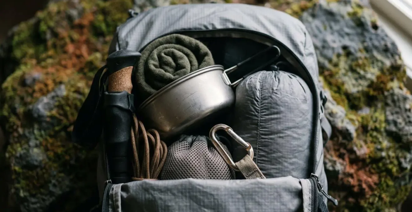 Vue macro d'un sac de randonnée ouvert montrant l'organisation méthodique du matériel ultra-léger